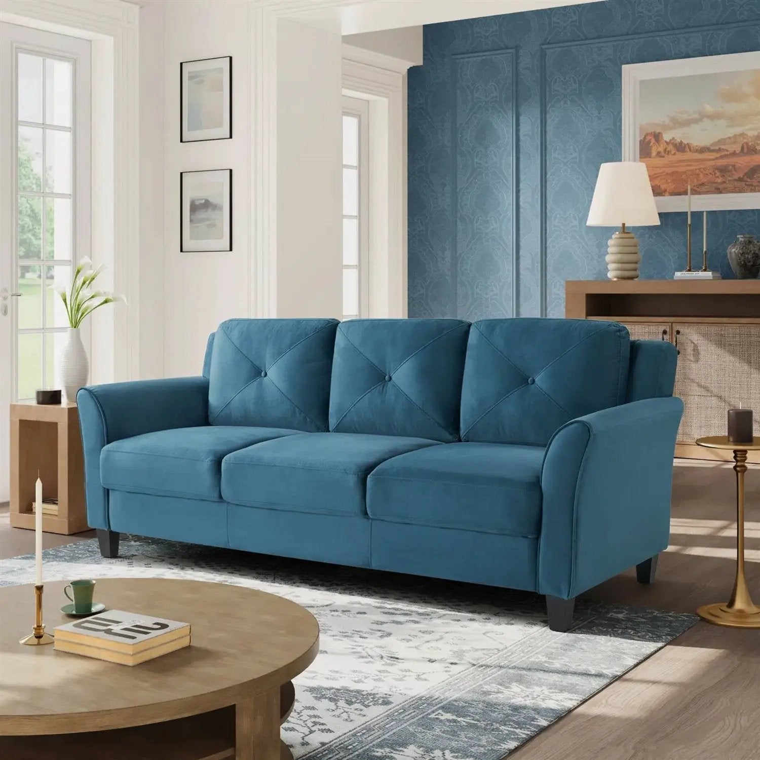 Modern 3-Seater Upholstered Sofa in Blue Microfiber with Button Tufted Cushions by HomePacific