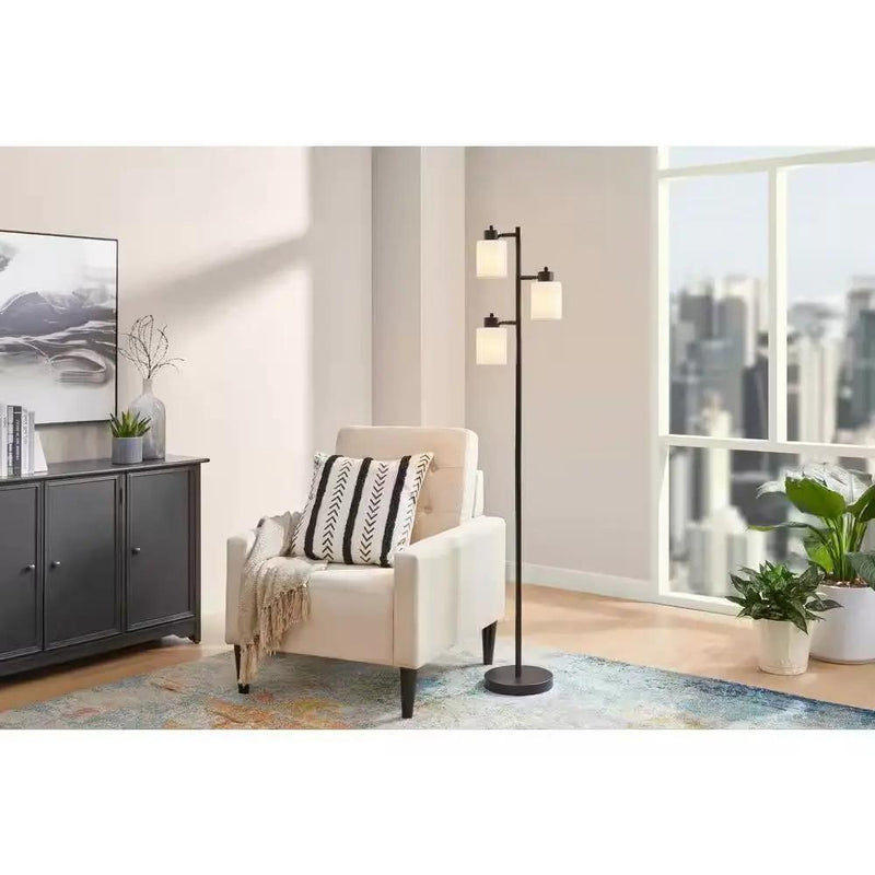 Modern 3-Light Floor Lamp in Black Metal Finish with White Plastic Shades by HomePacific