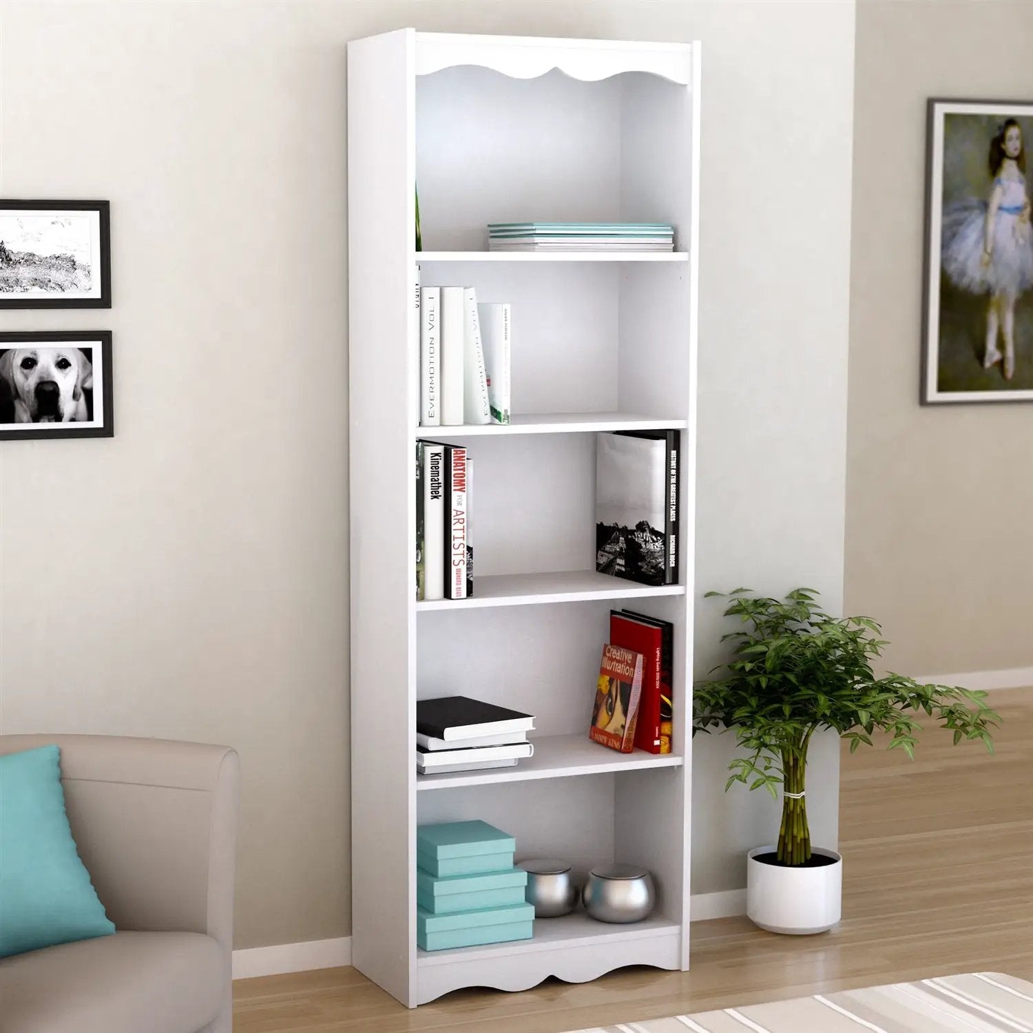 White 72-inch High Bookcase with Soft Arches and 5 Shelves by HomePacific
