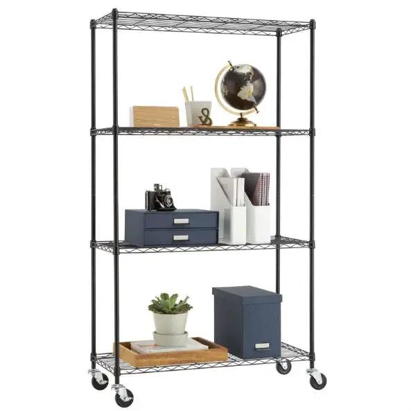 Heavy Duty Black Steel 4-Tier Shelving Unit with Locking Casters by HomePacific