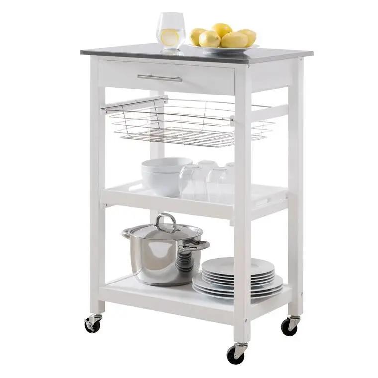 White Stainless Steel Top Kitchen Cart with Drawer and Storage Shelves by HomePacific