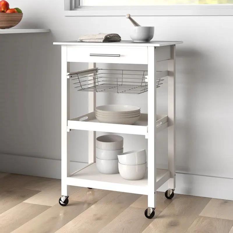 White Stainless Steel Top Kitchen Cart with Drawer and Storage Shelves by HomePacific