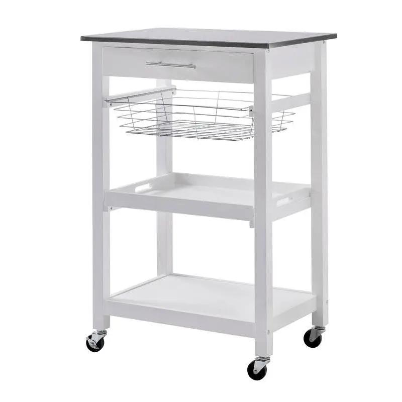 White Stainless Steel Top Kitchen Cart with Drawer and Storage Shelves by HomePacific