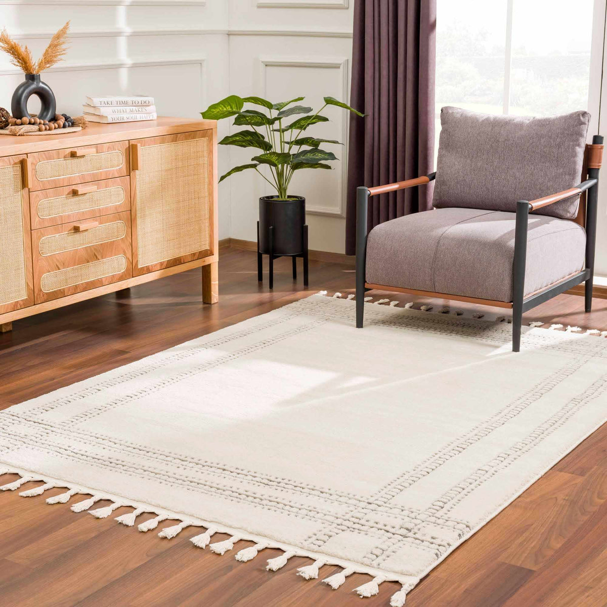 Ryuu Ivory & Gray Area Rug, installed in a room