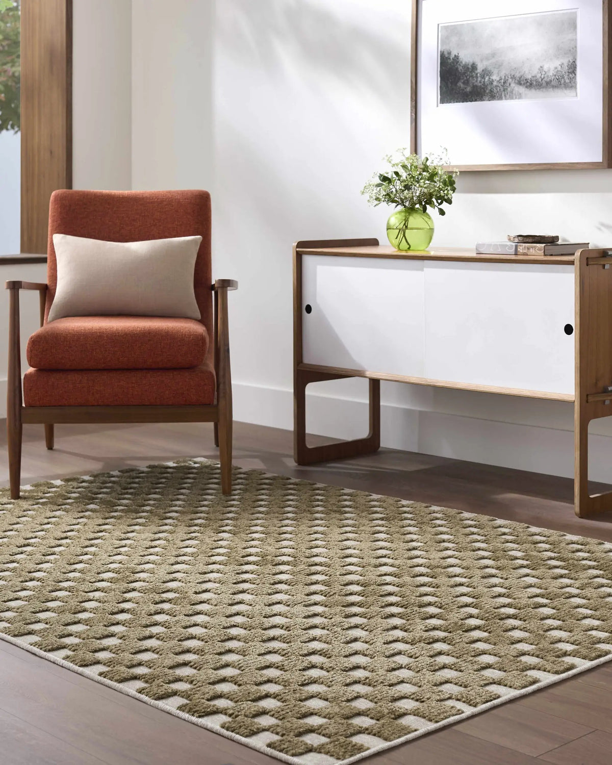 Anthea Olive Washable Area Rug, installed in a room