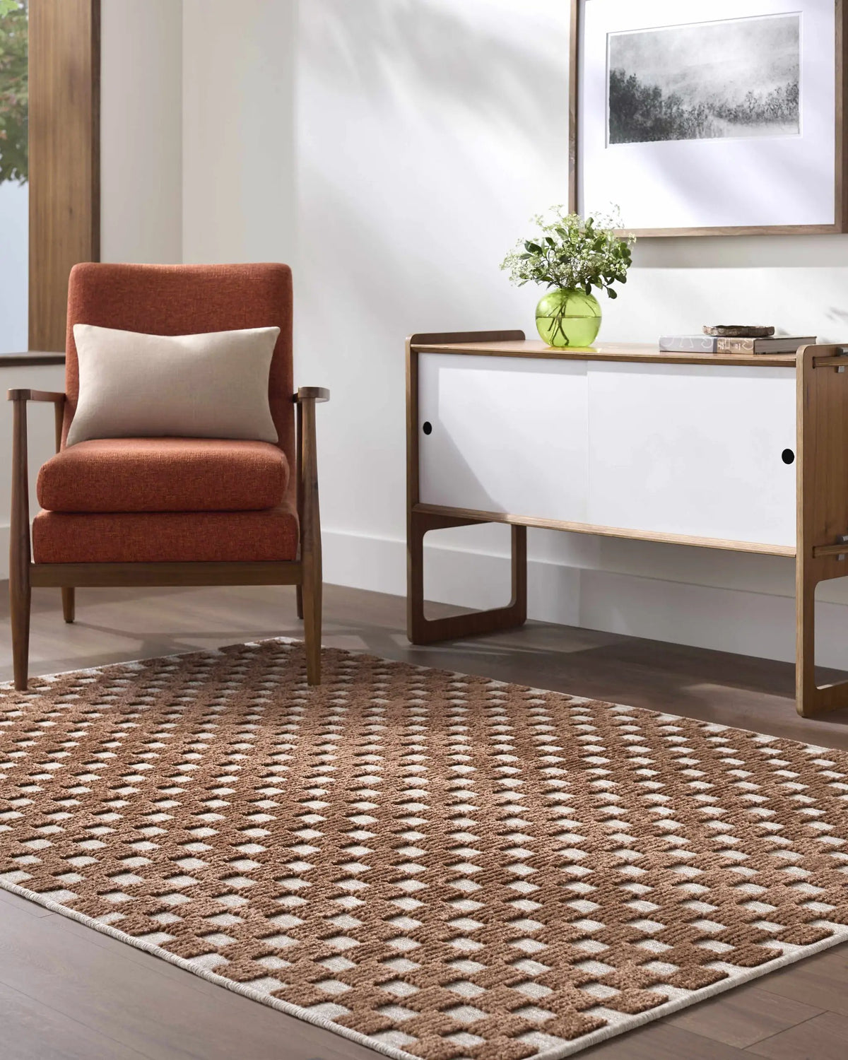 Anthea White Washable Area Rug, installed in a room