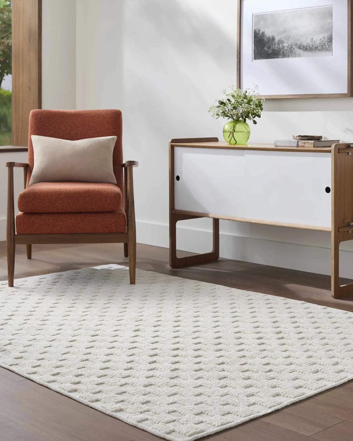 Anthea Off-White 3D Checkered Washable Rug, installed in a room