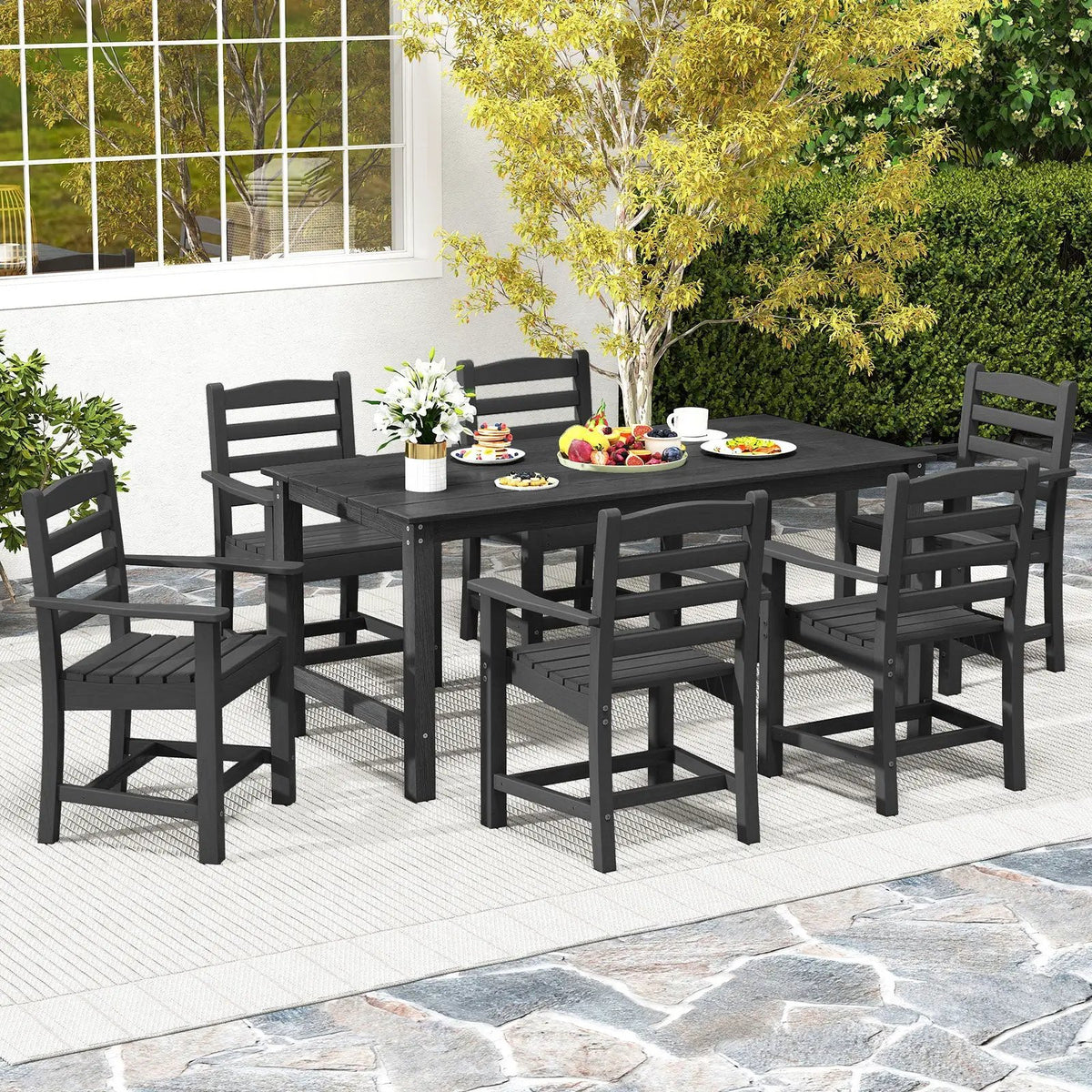 HDPE Outdoor Dining Table for 6 Person with Wood-Like Tabletop and Umbrella Hole, photo 3 of 16