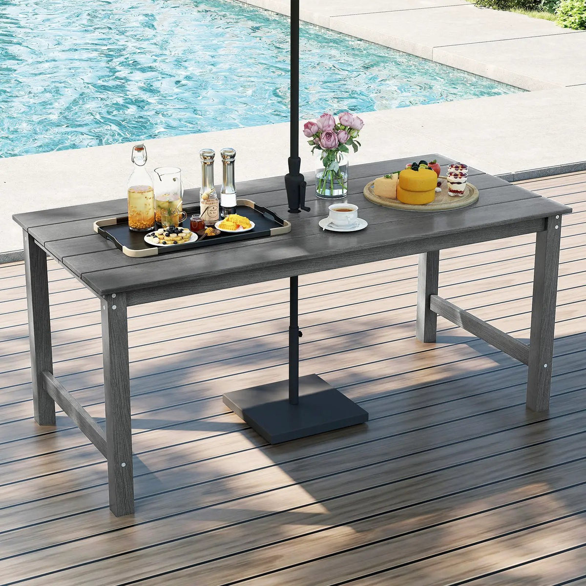 HDPE Outdoor Dining Table for 6 Person with Wood-Like Tabletop and Umbrella Hole, photo 2 of 16