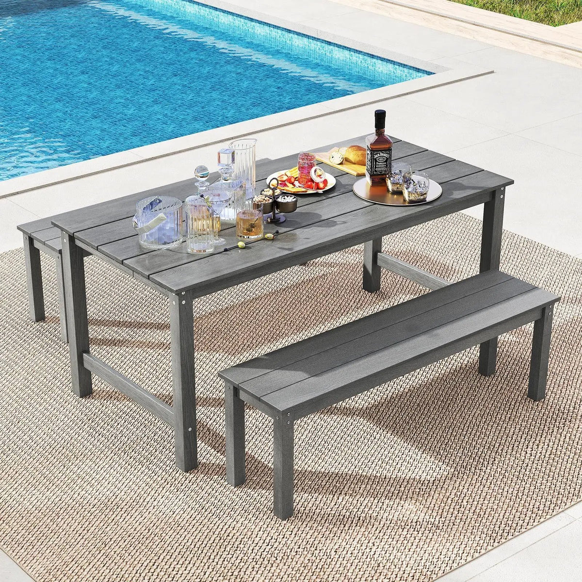 HDPE Outdoor Dining Table for 6 Person with Wood-Like Tabletop and Umbrella Hole, photo 14 of 16