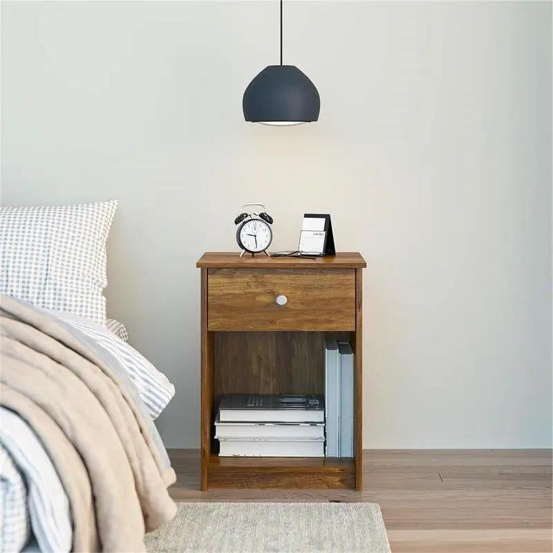Rusic Brown Oak Farmhouse 1-Drawer Bedroom Nighstand with Open Shelf by HomePacific