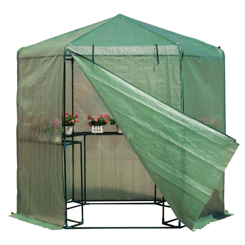Outdoor Hexagon Greenhouse 6.5 x 7 Ft with Steel Frame PE Cover and Shelves by HomePacific