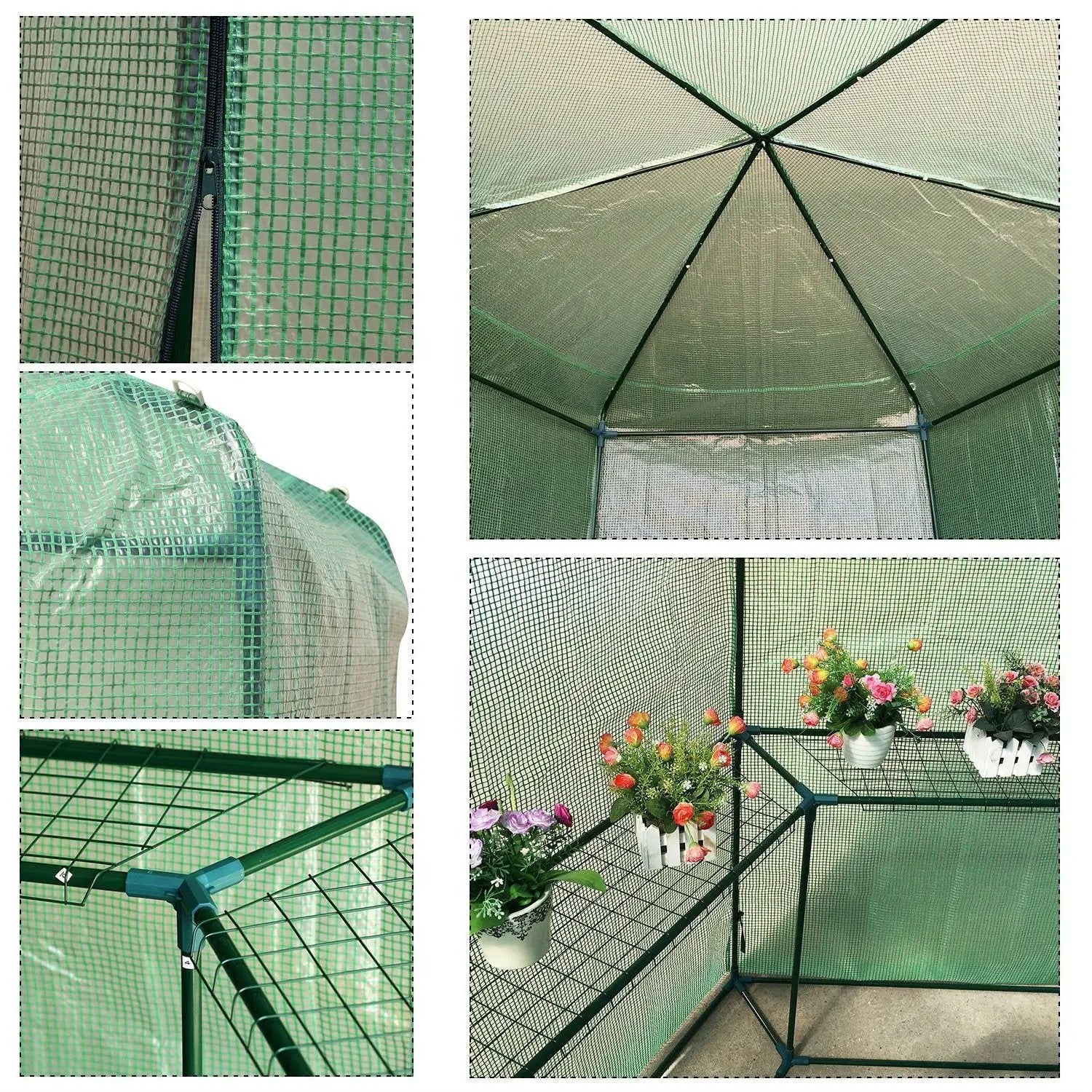 Outdoor Hexagon Greenhouse 6.5 x 7 Ft with Steel Frame PE Cover and Shelves by HomePacific