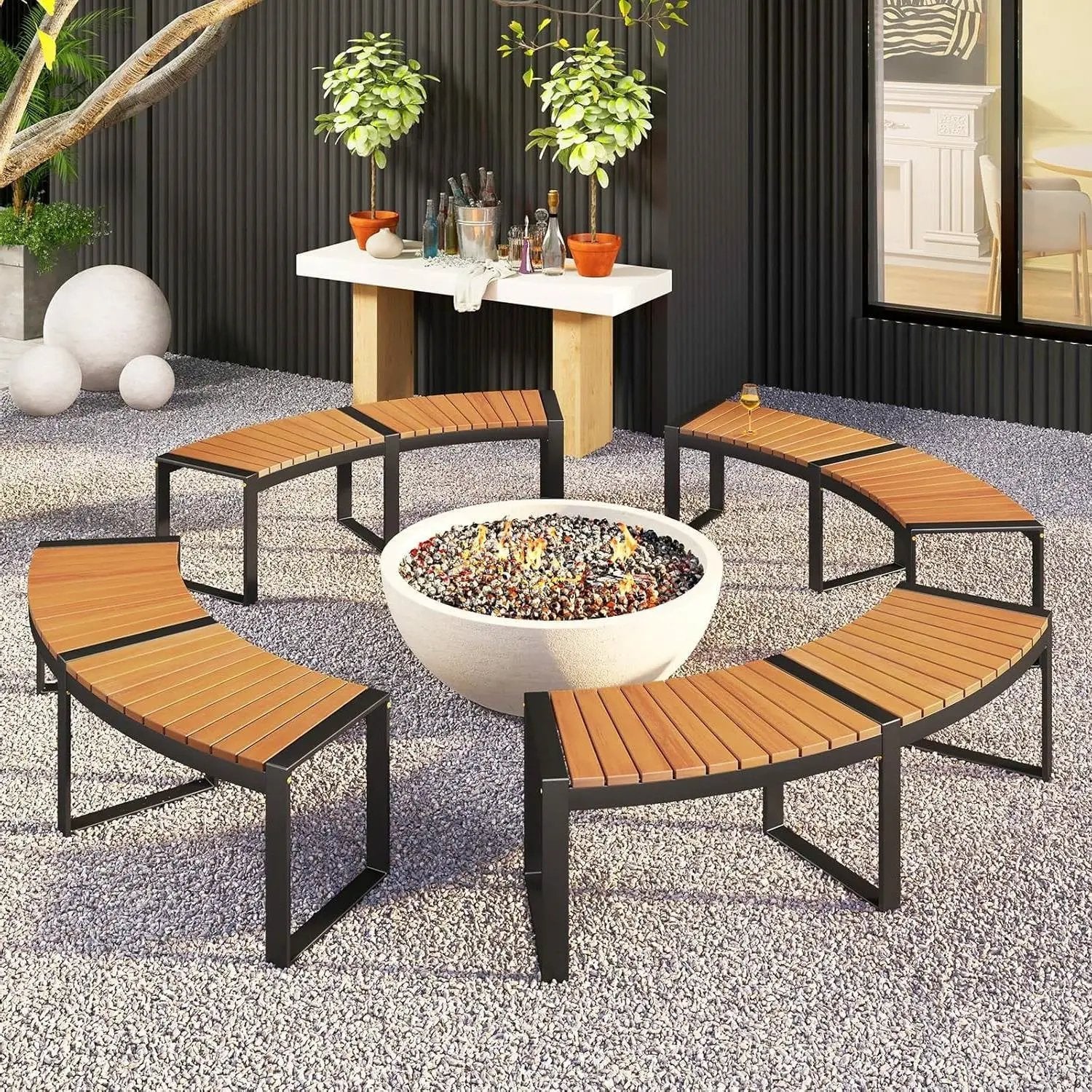 Outdoor Metal Frame Wood Slat Backless Garden Bench with Modern Arch Design by HomePacific