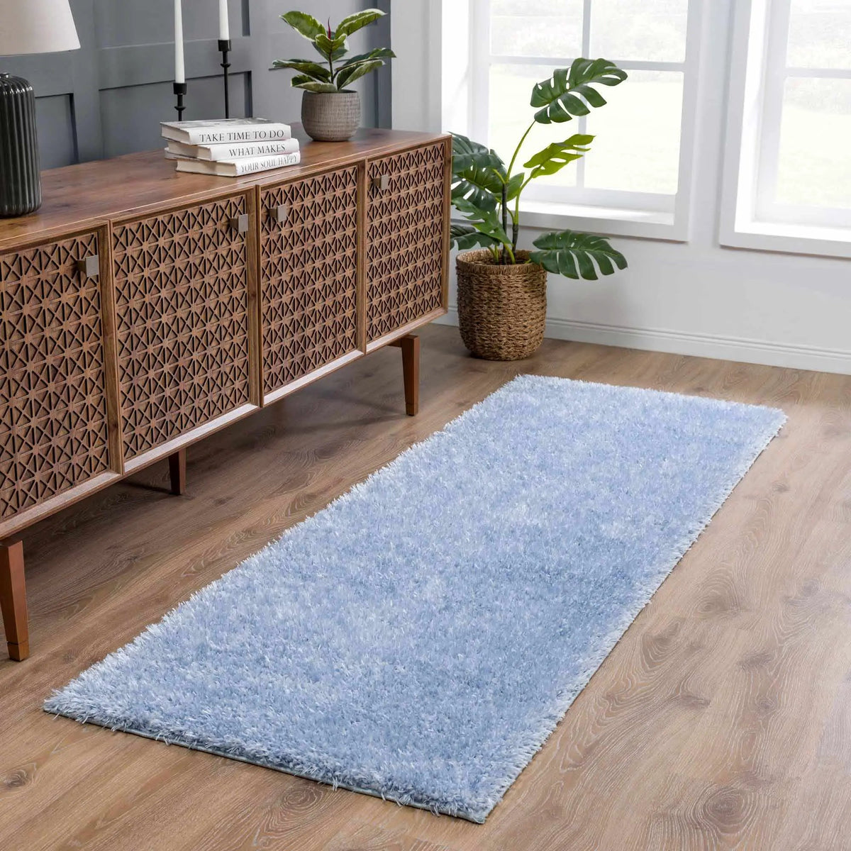 Faina Solid Aqua Shag Washable Area Rug - Clearance, installed in a room 2