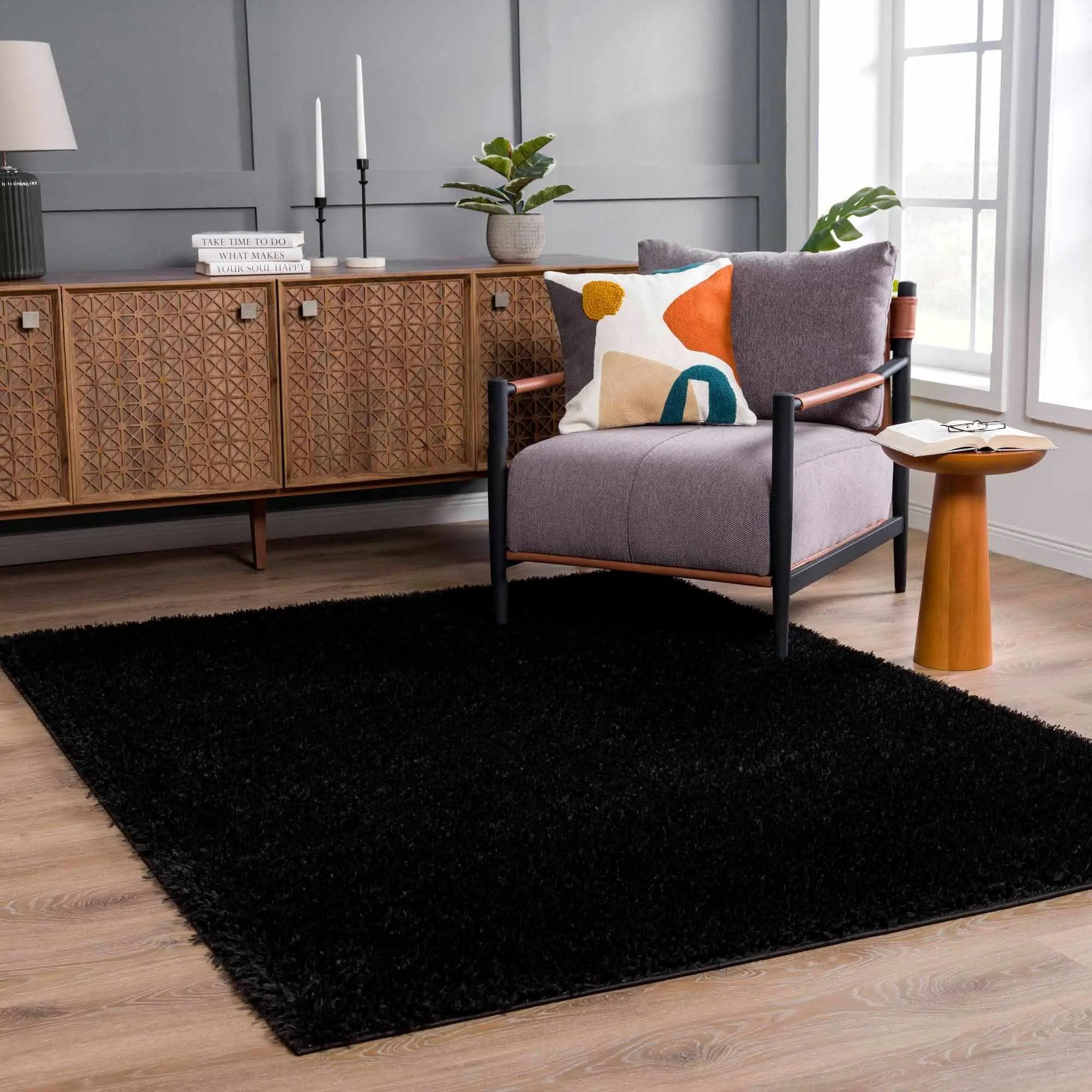 Faina Solid Black Shag Washable Area Rug - Clearance by Boutique Rugs