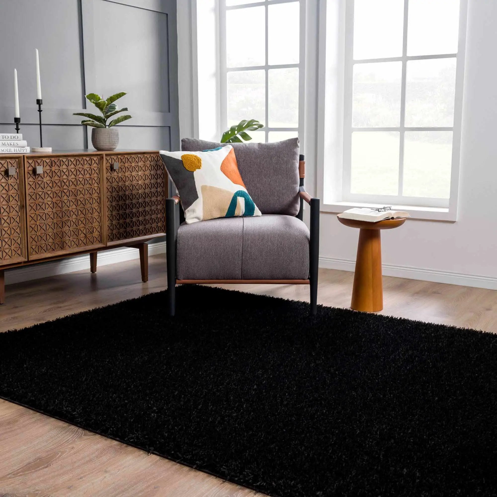 Faina Solid Black Shag Washable Area Rug - Clearance by Boutique Rugs