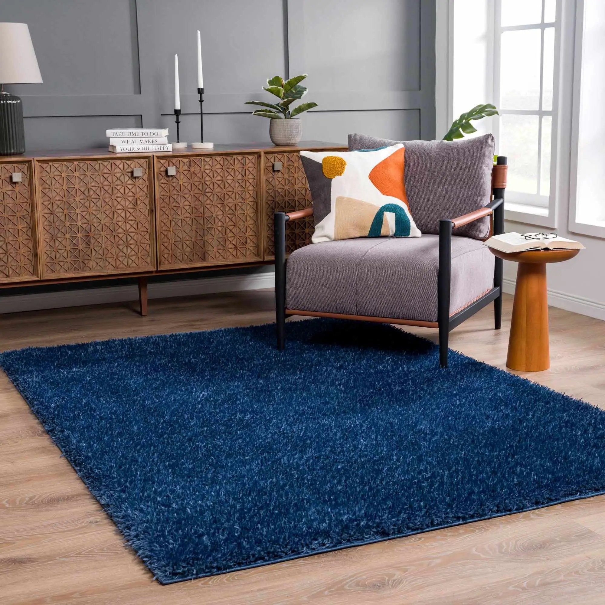 Faina Solid Dark Blue Shag Washable Area Rug - Clearance by Boutique Rugs