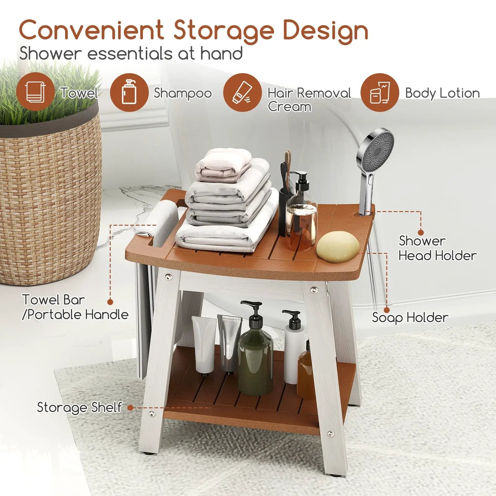 HIPS Shower Bench Seat with Handle Shower Head by DirectDeals
