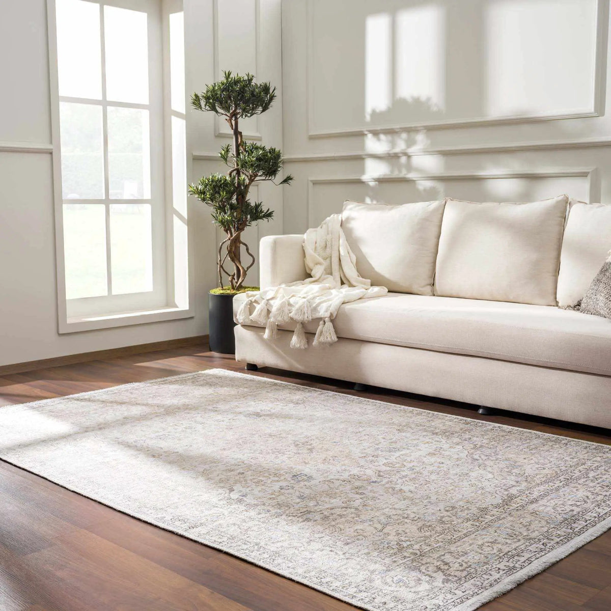 Cream Holi-2301 Washable Area Rug, installed in a room
