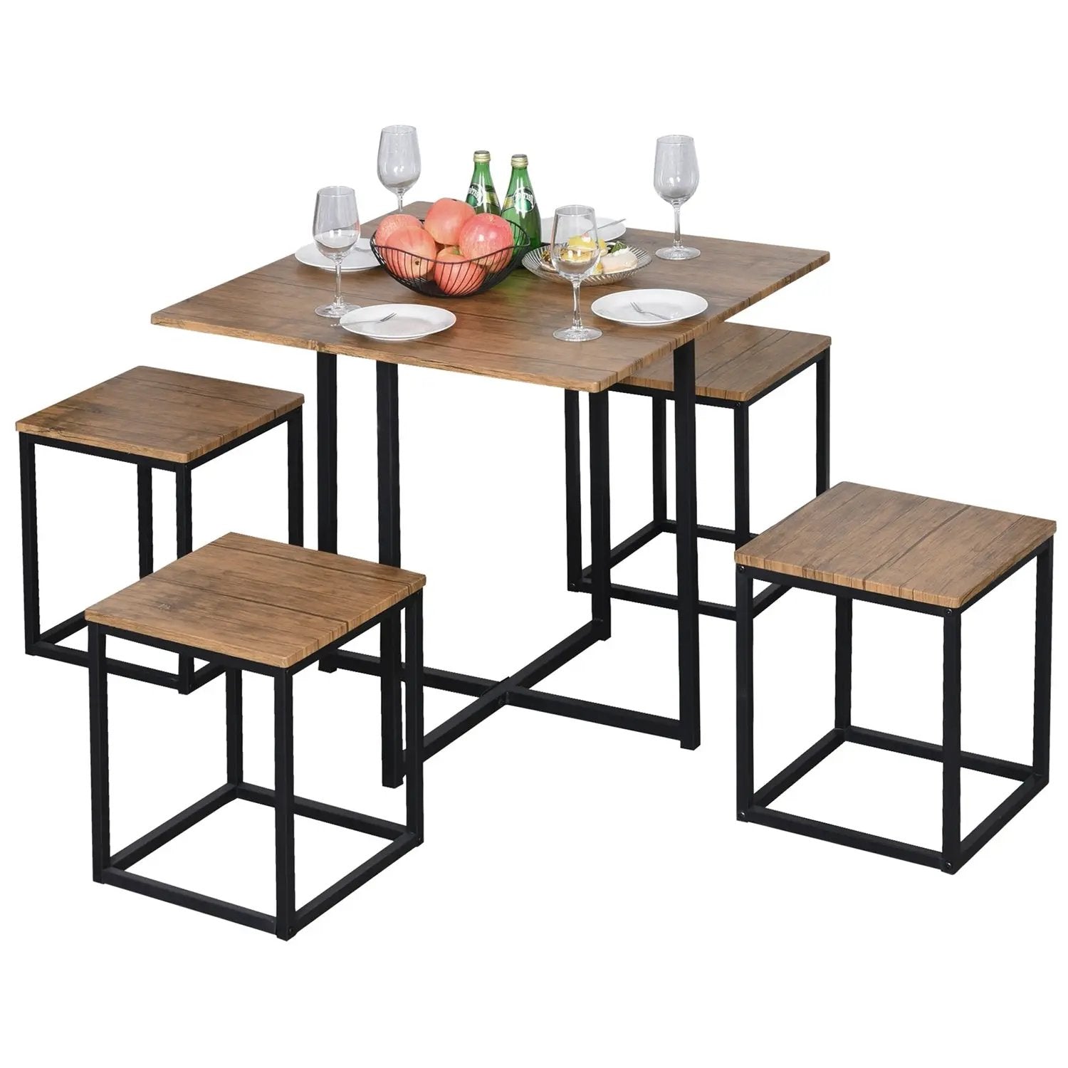 Farmhouse 5 Piece Square Walnut Wood Steel Kitchen Dining Set by HomePacific