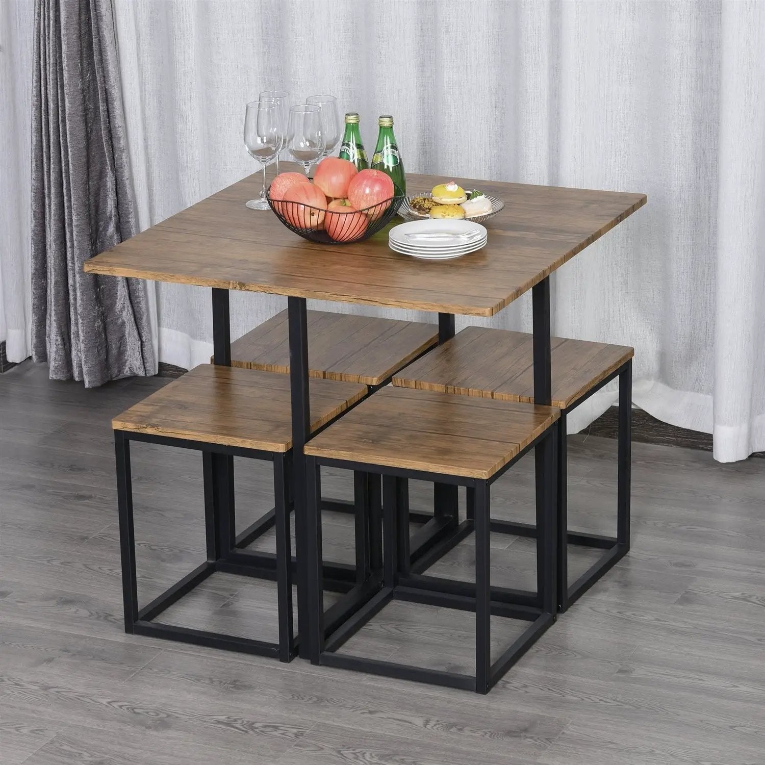 Farmhouse 5 Piece Square Walnut Wood Steel Kitchen Dining Set by HomePacific