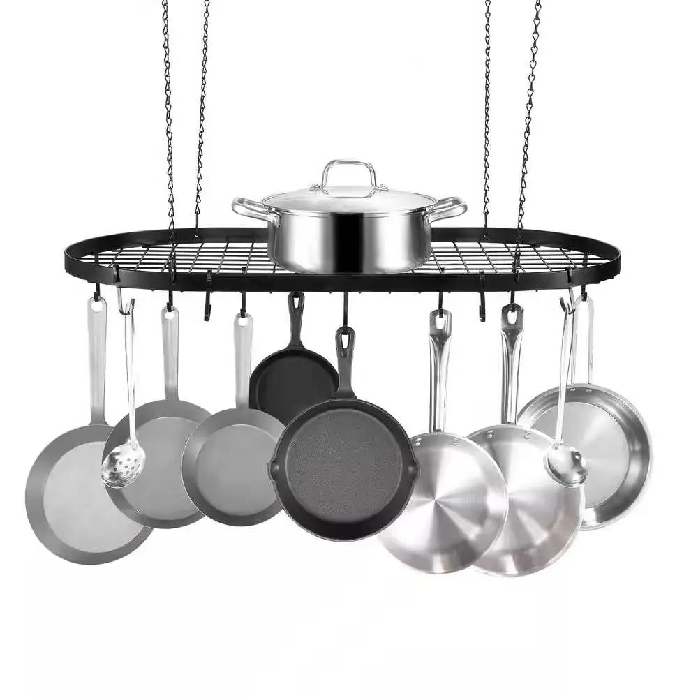Black Carbon Steel Ceiling Mount Oval Hanging Kitchen Pot Rack with 12 Hooks by HomePacific