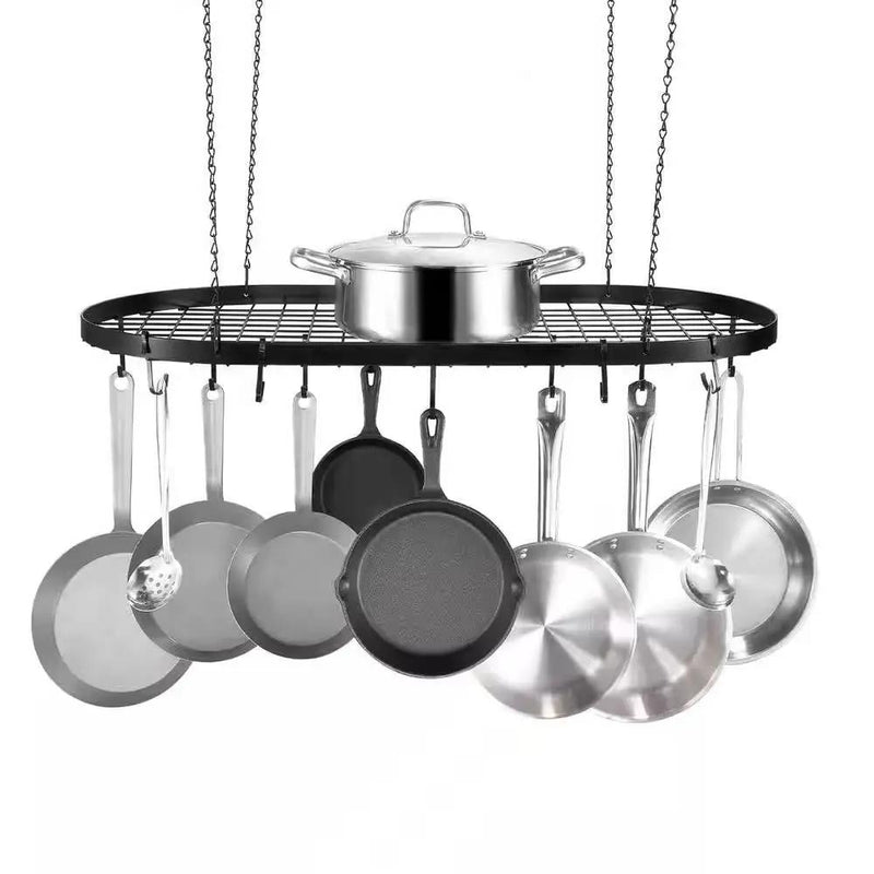 Black Carbon Steel Ceiling Mount Oval Hanging Kitchen Pot Rack with 12 Hooks by HomePacific