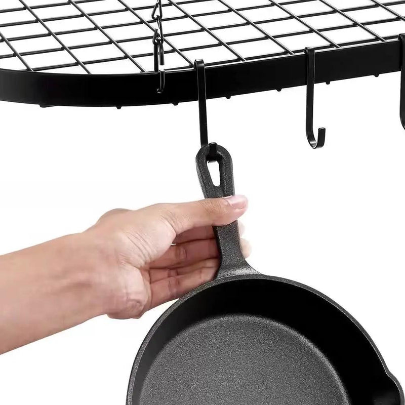 Black Carbon Steel Ceiling Mount Oval Hanging Kitchen Pot Rack with 12 Hooks by HomePacific