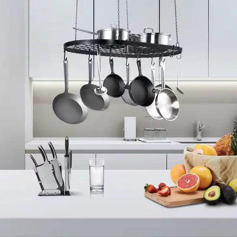 Black Carbon Steel Ceiling Mount Oval Hanging Kitchen Pot Rack with 12 Hooks by HomePacific