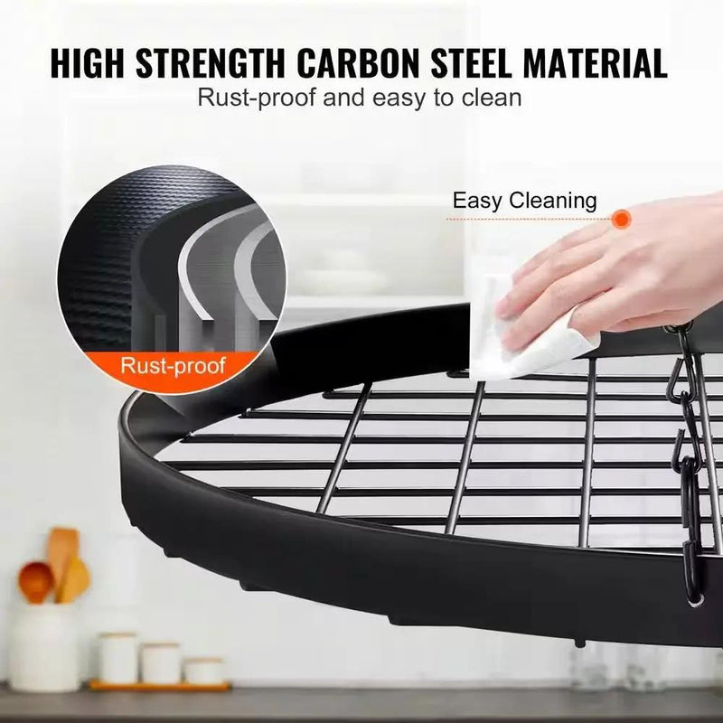 Black Carbon Steel Ceiling Mount Oval Hanging Kitchen Pot Rack with 12 Hooks by HomePacific