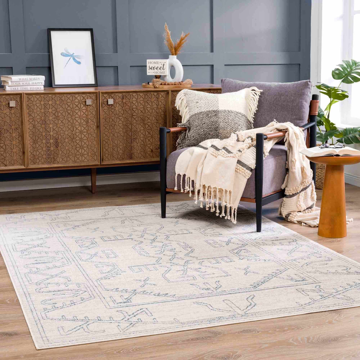 Divya Cream & Silver Blue Area Rug - Clearance, installed in a room 2