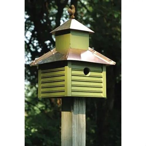 Pinion Green Birdhouse with White / Bright Copper Roof and Rooster Top by HomePacific