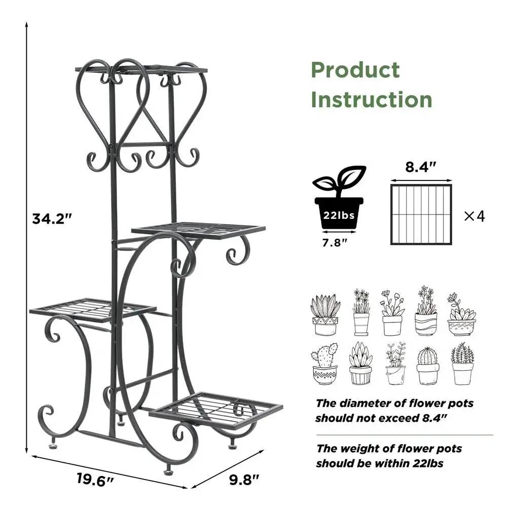 Elegant Black Metal 4-Shelf Plant Stand by HomePacific