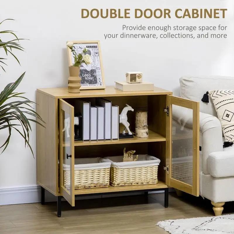 Modern Glass Door Sideboard Buffet Dining Storage Cabinet in Oak Wood Finish by HomePacific