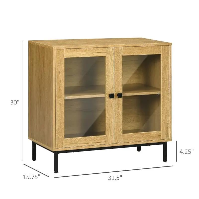 Modern Glass Door Sideboard Buffet Dining Storage Cabinet in Oak Wood Finish by HomePacific