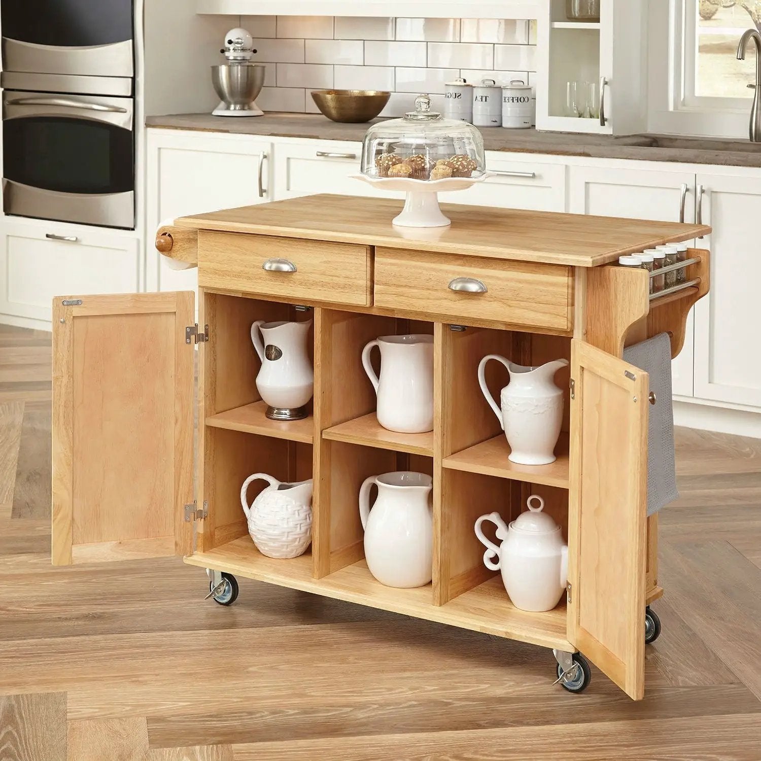 Natural Wood Finish Kitchen Island Cart with Locking Casters by HomePacific