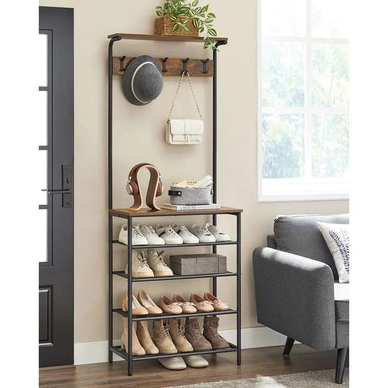 Modern Industrial Style Hall Tree Coat Rack Entryway Shoe Rack with 4 Shelves by HomePacific