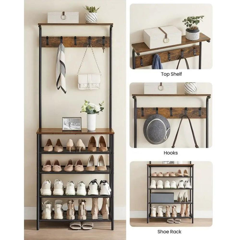 Modern Industrial Style Hall Tree Coat Rack Entryway Shoe Rack with 4 Shelves by HomePacific