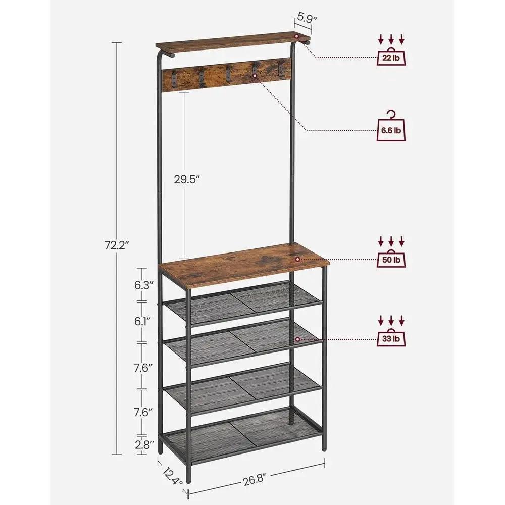 Modern Industrial Style Hall Tree Coat Rack Entryway Shoe Rack with 4 Shelves by HomePacific