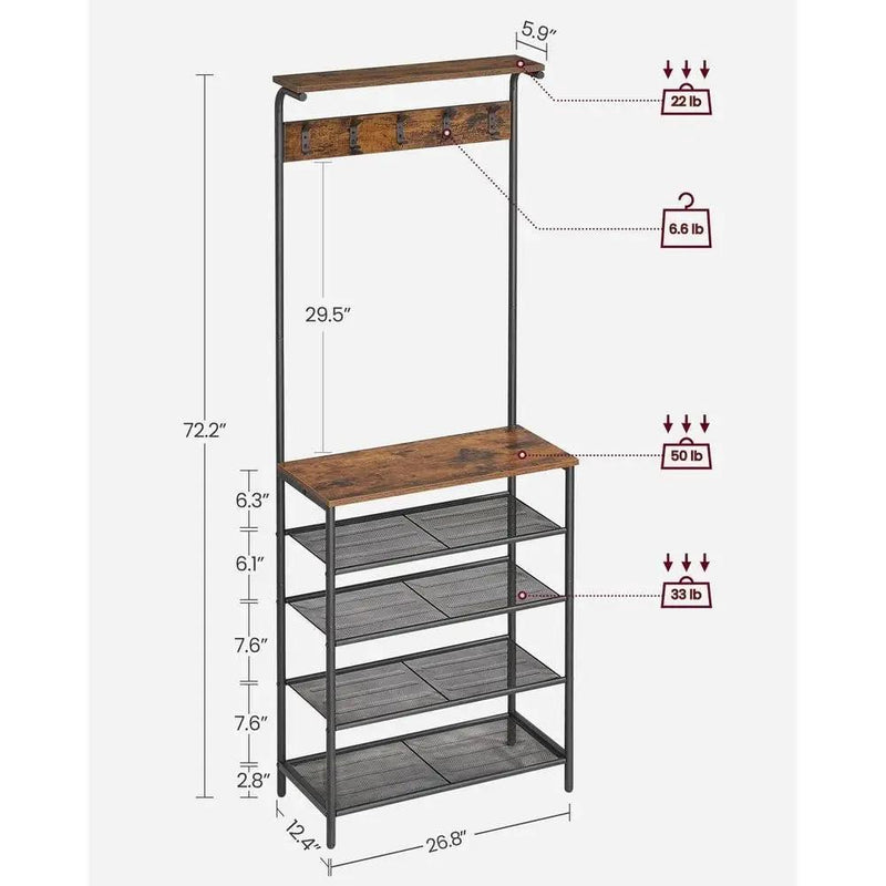 Modern Industrial Style Hall Tree Coat Rack Entryway Shoe Rack with 4 Shelves by HomePacific