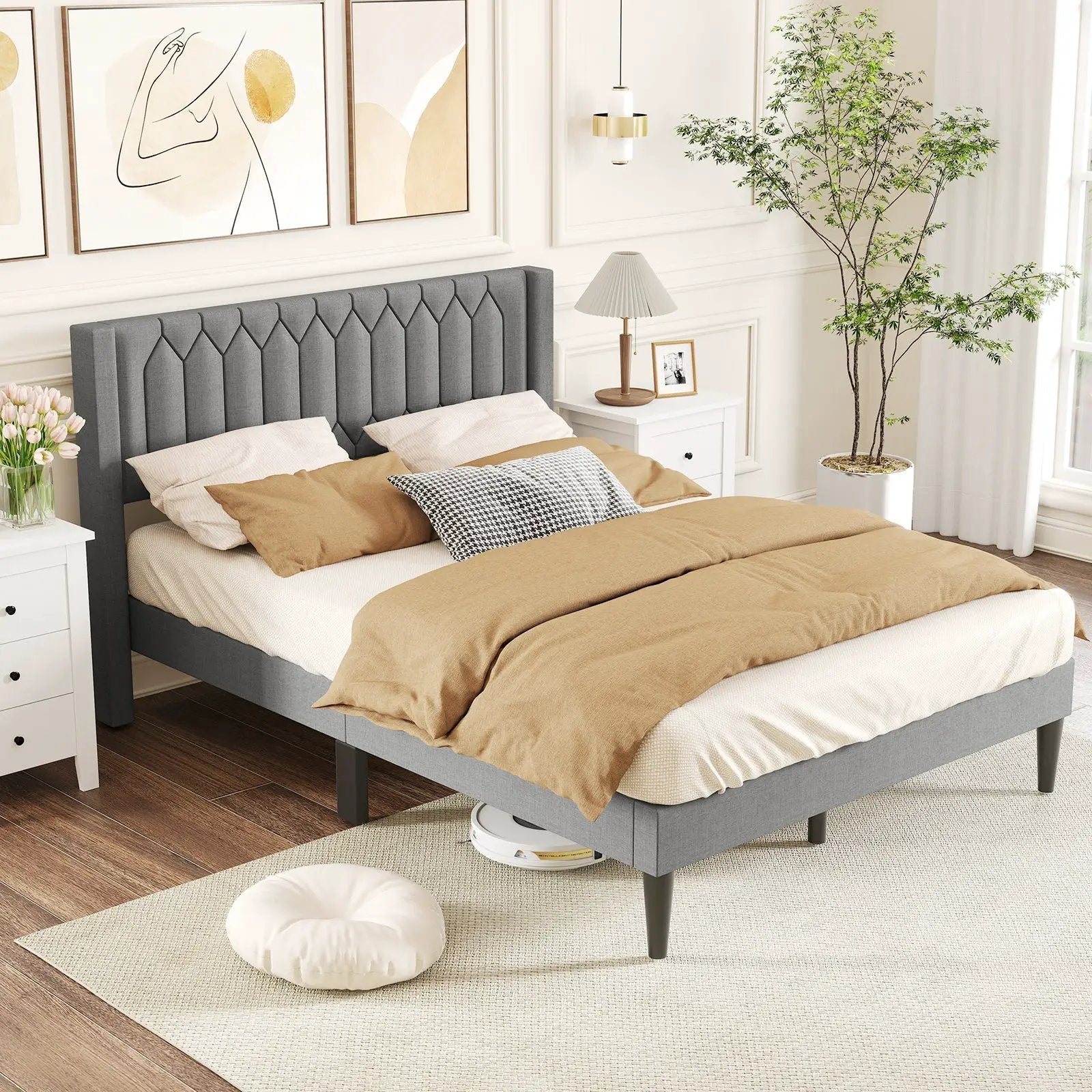 Queen Size Dutch Velvet/Linen Fabric Upholstered Platform Bed with Wingback Headboard and Wooden Slat Support by DirectDeals