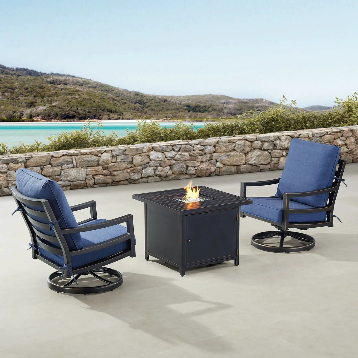 Black Aluminum Fire Table Bistro Set with Two Club Chairs by Sharicks