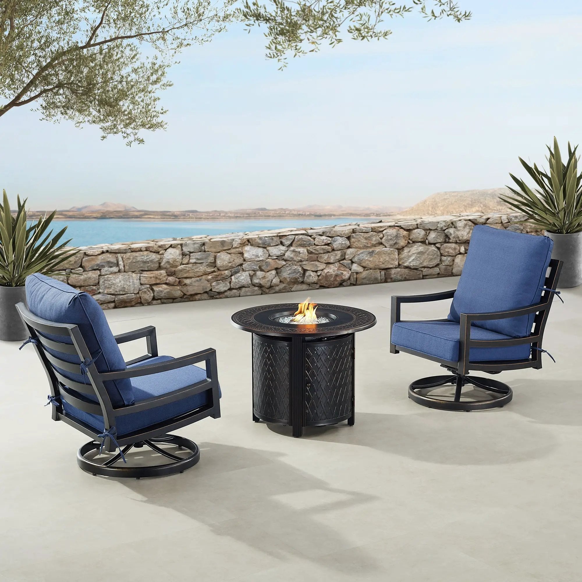 Black Aluminum Fire Table Bistro Set with Two Club Chairs by Sharicks