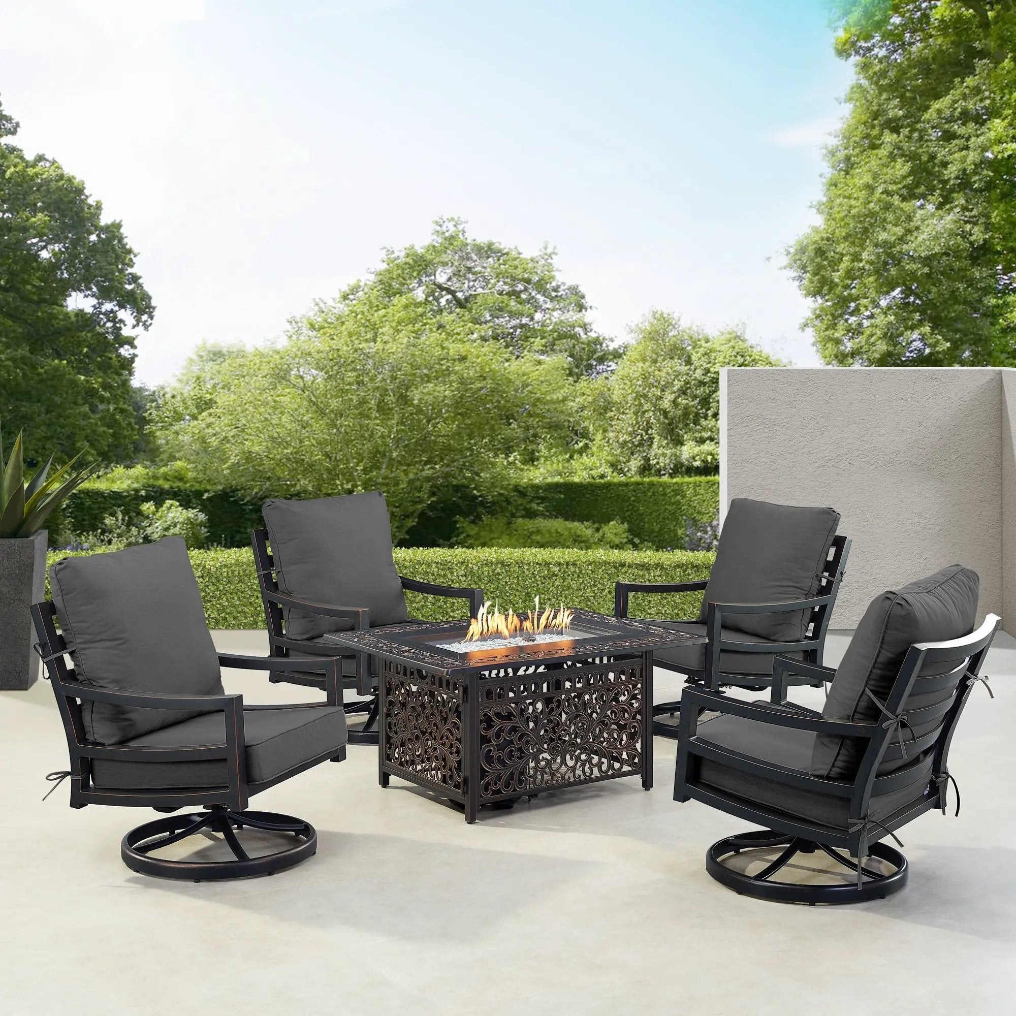 Black Aluminum Fire Table Set with Four Club Chairs by Sharicks