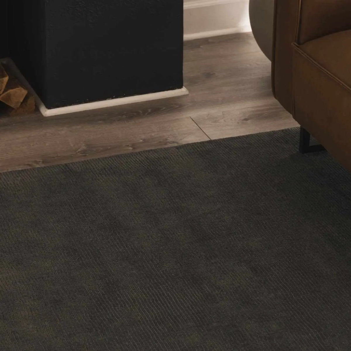 Brockton Solid Night Blue Wool Rug, installed in a room 3