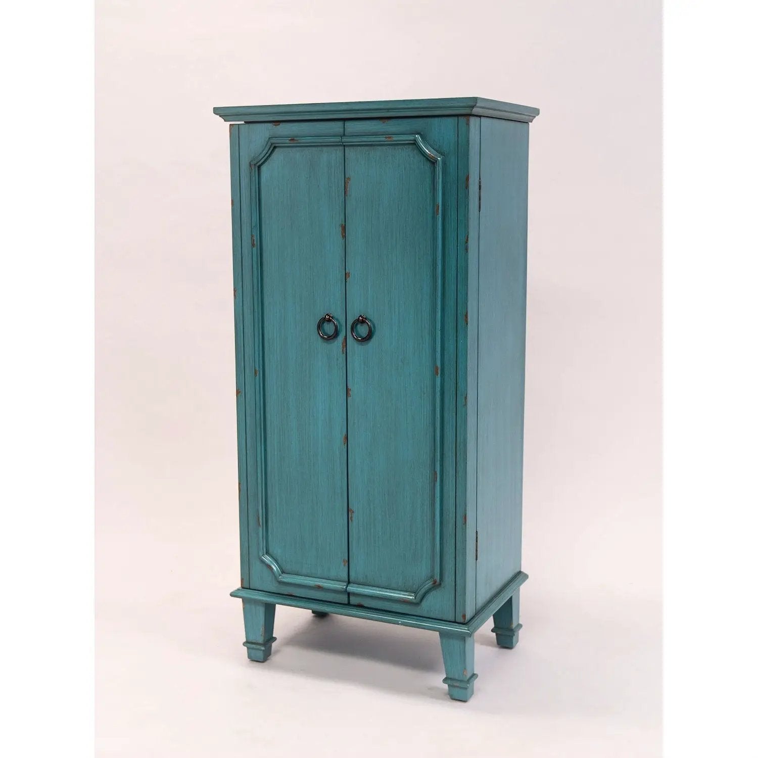 Vintage Turquoise Hand Painted Jewelry Armoire with Antique Drawer Pulls by HomePacific