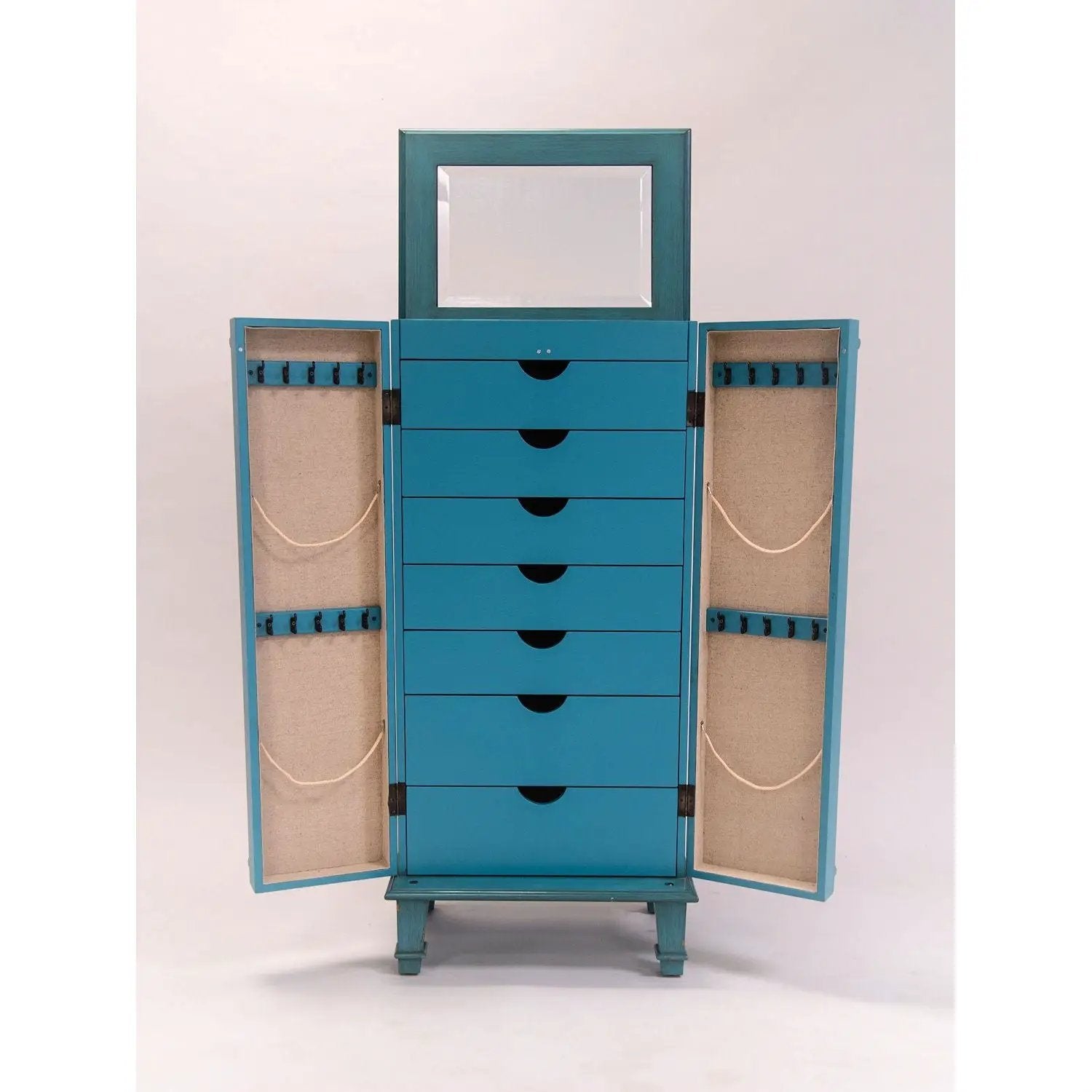 Vintage Turquoise Hand Painted Jewelry Armoire with Antique Drawer Pulls by HomePacific