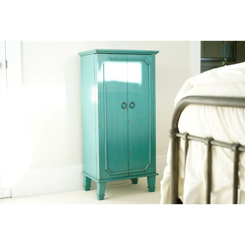 Vintage Turquoise Hand Painted Jewelry Armoire with Antique Drawer Pulls by HomePacific