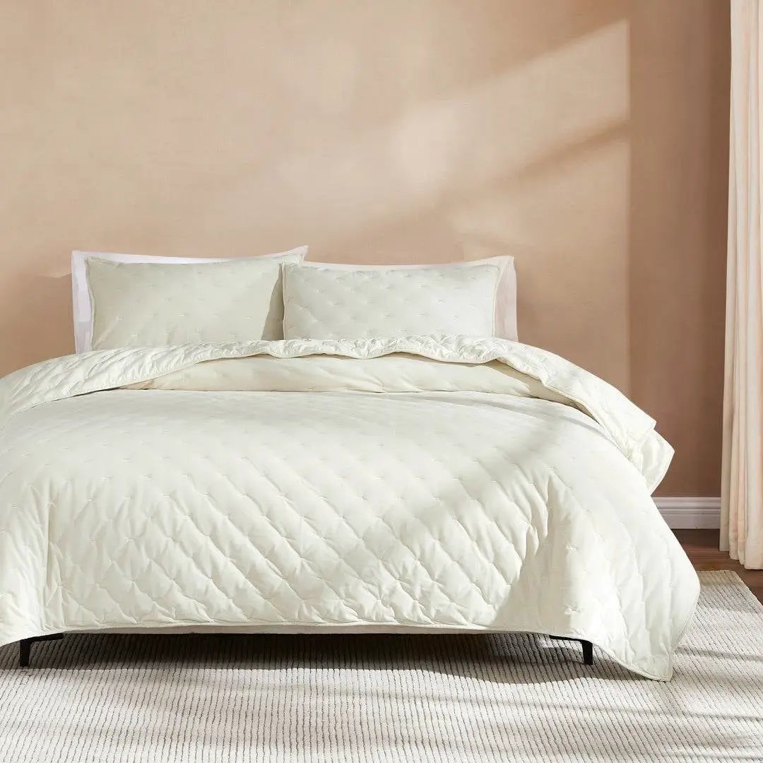 Full / Queen 3-Piece Cream Velvet Embroidered Super Soft Quilt Set by HomePacific